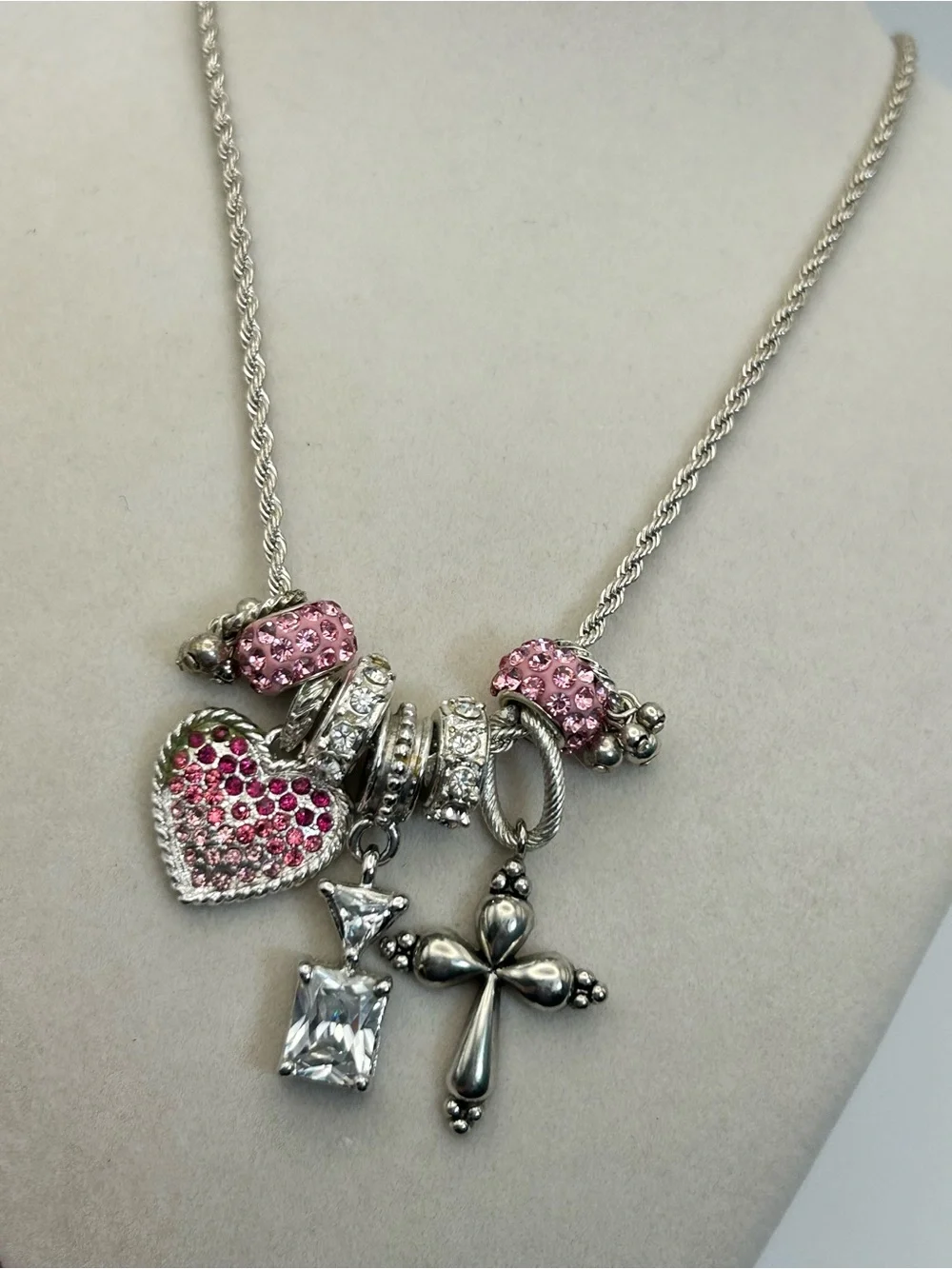 Sparkling Pink Crystals Charm Necklace Silver-tone Cross 30